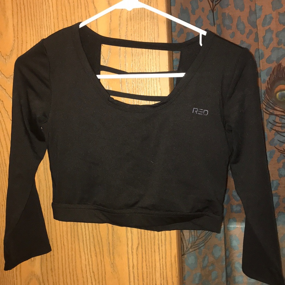 RED Long Sleeve Black Strappy Back Crop Top